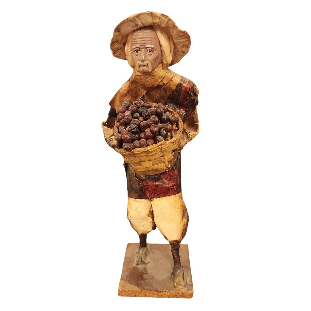 Vintage Handmade Mexican Folk Art Paper Mache Man Fruit Basket Figurine 12"